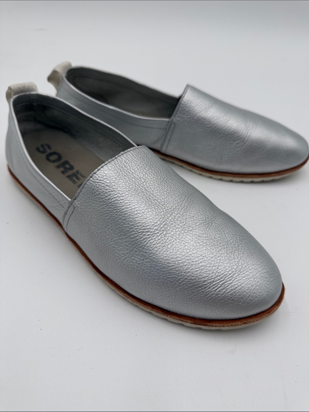 SOREL Silver Metallic Leather Slip-On Comfort Flat